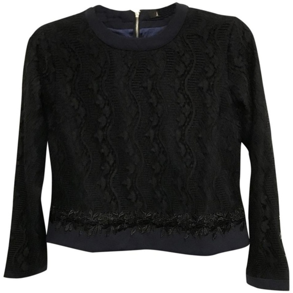 NWT Nancy Yang Modern Black Lace Overlay Scuba Top